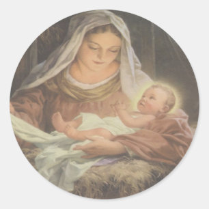 REDONDA PEGATINA DEL NAVIDAD - MADRE MARIA Y BEBÉ JESÚS
