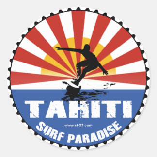 Redonda pegatina del paraíso del surf en tahiti
