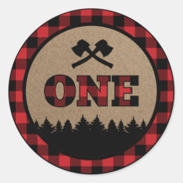 Redonda Pegatina del primer cumpleaños de Buffalo Plaid Lu