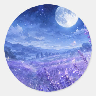 Redonda Pegatina del Valle de Lavanda a la Luz de la Luna