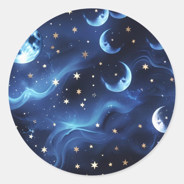 Redonda Pegatina - Diseño de Luna Celeste Azul Zafiro (Anverso)