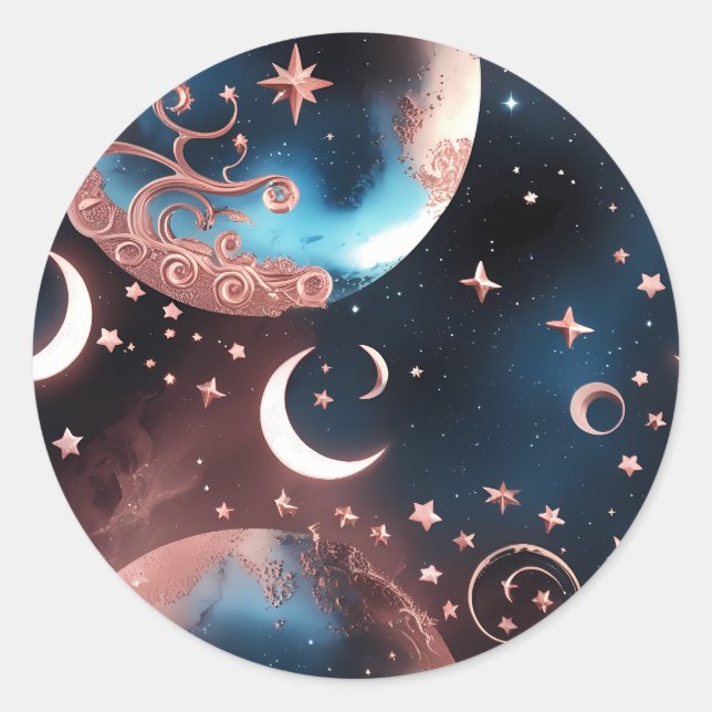 Redonda Pegatina - Diseño de Luna Celestial en Rosa Dorado (Anverso)