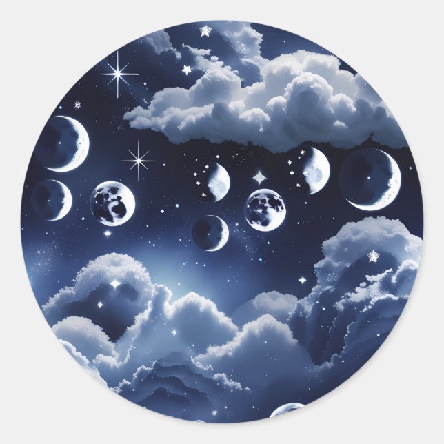 Redonda Pegatina - Diseño Lunar de Luna Celestial de Plata (Anverso)