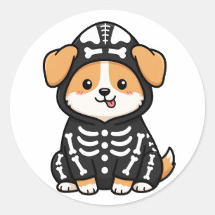 Redonda Pegatina divertida de Corgi esqueleto de Halloween