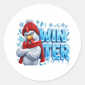 Redonda Pegatina divertida de pollo de invierno - Gallo en