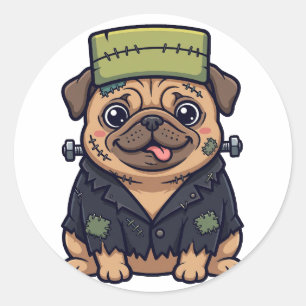 Redonda Pegatina divertida de Pug de Frankenstein de Hallo