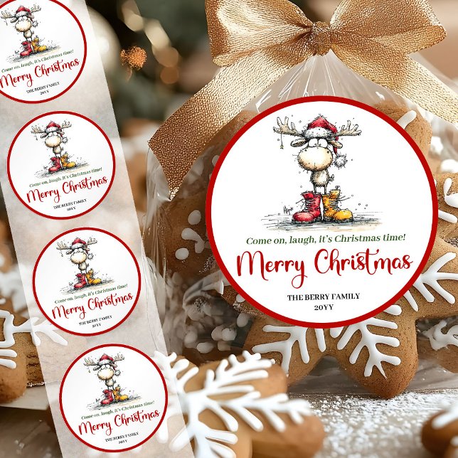 Redonda Pegatina divertida de reno caprichosa roja verde c (Funny reindeer sticker whimsical red green cartoon

)