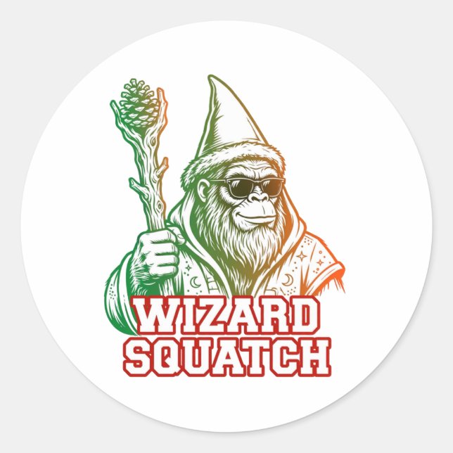 Redonda Pegatina divertida de Wizard Squatch Bigfoot (Anverso)
