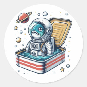 Redonda Pegatina divertida retro astronauta sardina