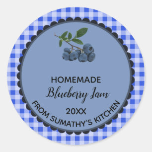 Redonda Pegatina editable Blue Gingham Blueberry Jam Label