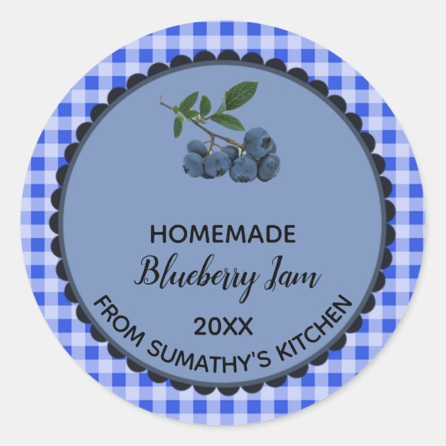 Redonda Pegatina editable Blue Gingham Blueberry Jam Label (Anverso)