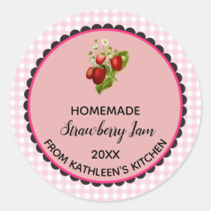 Redonda Pegatina Editable Rosa Gingham Strawberry Jam Labe