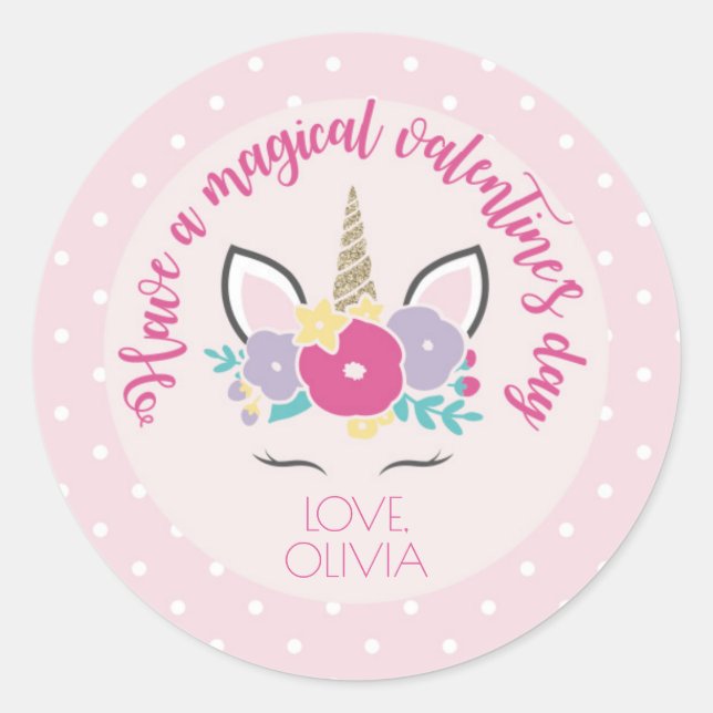 Redonda Pegatina El día de San Valentín de Unicorn (Anverso)