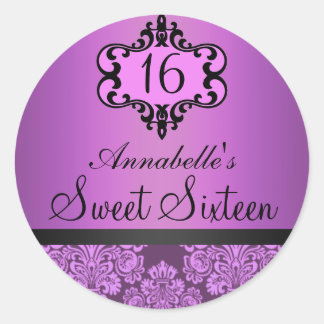 Redonda Pegatina Elegante Chic Morado Damasco Sweet 16