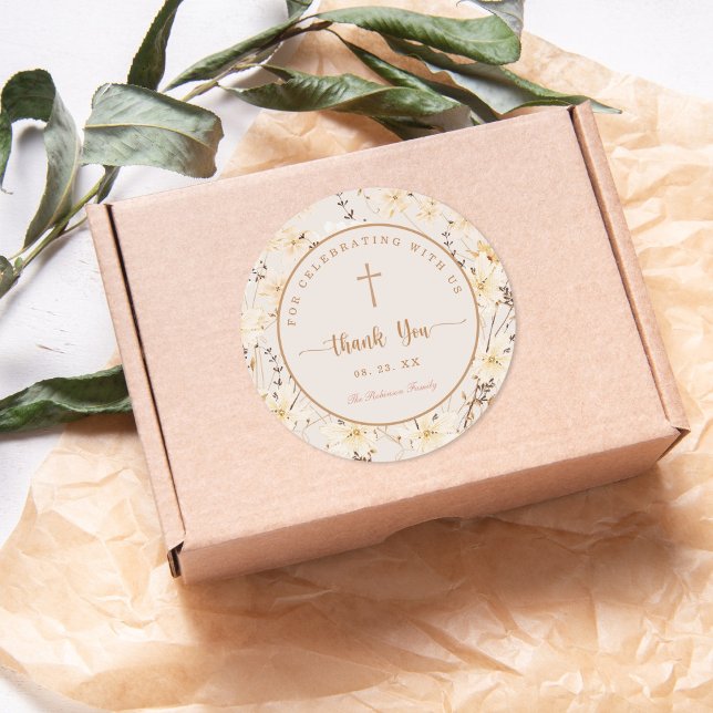 Redonda Pegatina elegante de bautizo de flores silvestres (Subido por el creador)