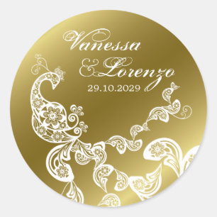 Redonda Pegatina elegante de la boda de Boho del pavo real