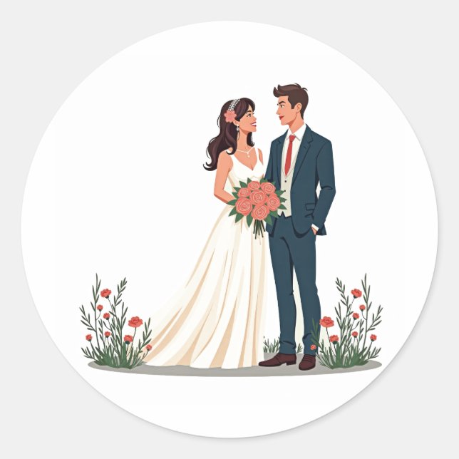 Redonda Pegatina elegante de la pareja de bodas (Anverso)