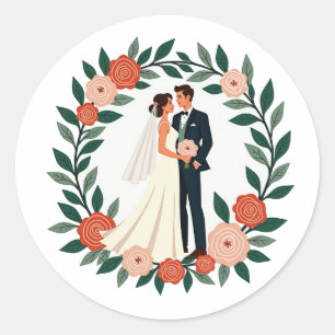 Redonda Pegatina elegante de la pareja de bodas