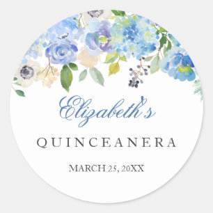 Redonda Pegatina elegante de quinceañera floral azul