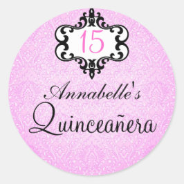 Redonda Pegatina elegante Quinceañera Damasco Rosa/Negra