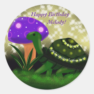 Redonda Pegatina feliz cumpleaños de tortuga