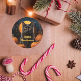 Redonda Pegatina feliz de calabaza para gato de Meowloween