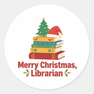 Redonda Pegatina Feliz Navidad Bibliotecario