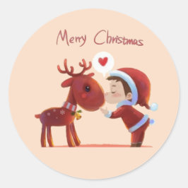 Redonda Pegatina Feliz Navidad – Santa y el beso del reno 
