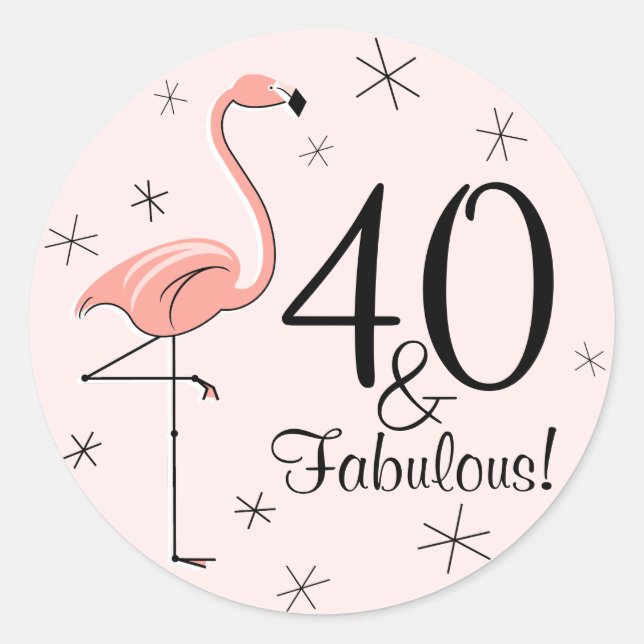 Redonda Pegatina Flamingo Pink '40 y Fabulous!' (Anverso)