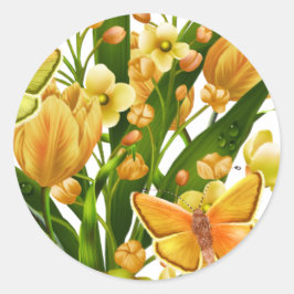 Redonda Pegatina floral amarillo y verde con mariposa