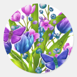 Redonda Pegatina floral azul y púrpura con mariposas