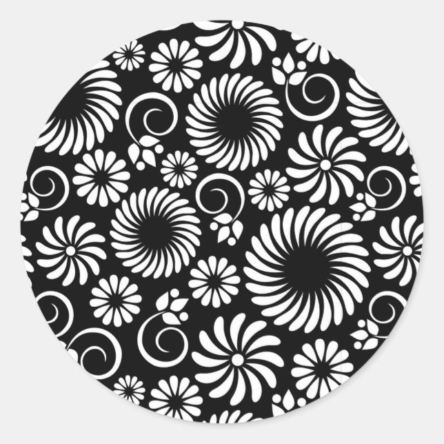 Redonda pegatina floral blanco y negro (Anverso)