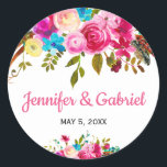 Redonda Pegatina floral de acuarela rosa fresca de primave<br><div class="desc">Etiqueta/pegatina floral de acuarela rosa fresca de primavera vibrante para su detalle de regalo. Diseño bohemio romántico de rosas pintadas con acuarela rosa intenso, rosa profundo, amarillo, azul claro, púrpura, arreglo floral botánico de boda con hojas verdes y plumas sobre fondo blanco. Elección perfecta para bodas de primavera y verano....</div>