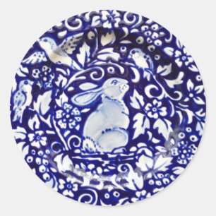 Redonda Pegatina floral de aves de conejo blanco azul Dedh