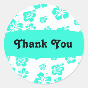 Redonda Pegatina floral de flor de hibisco blanca y aqua p