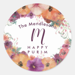 Redonda pegatina floral de Happy Purim