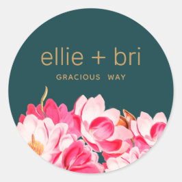 Redonda Pegatina floral de magnolia acuarela rosa teal