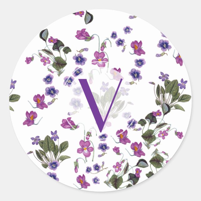 Redonda Pegatina floral de violetas púrpura personalizadas (Anverso)