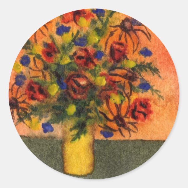 Redonda pegatina floral "Yellow Vase" (Anverso)