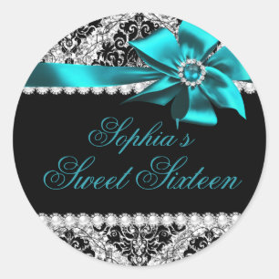 Redonda Pegatina Glitter Damask y Lazo de Teal Jewel Dulce