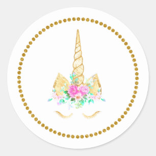 Redonda Pegatina Gold Floral Unicorn