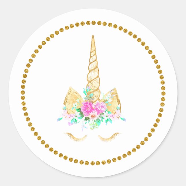 Redonda Pegatina Gold Floral Unicorn (Anverso)