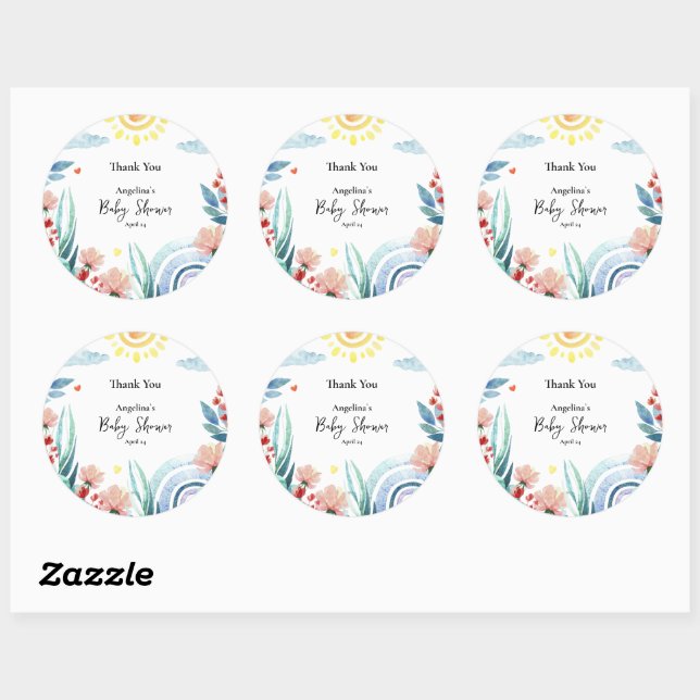 Redonda Pegatina Gracias por la ducha de bebé con diseño. (Hoja)