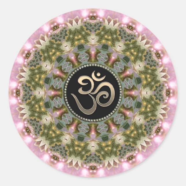 Redonda Pegatina Green Pink Om Mandala (Anverso)