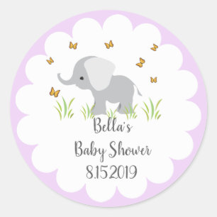 Redonda Pegatina gris de Baby Shower del elefante