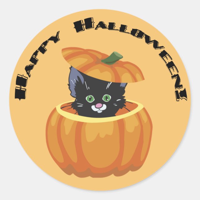 Redonda Pegatina Halloween de Black Kitty Pumpkin (Anverso)