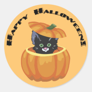 Redonda Pegatina Halloween de Black Kitty Pumpkin