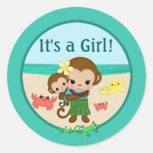 Redonda Pegatina hawaiano de Baby Shower para monos Hula #