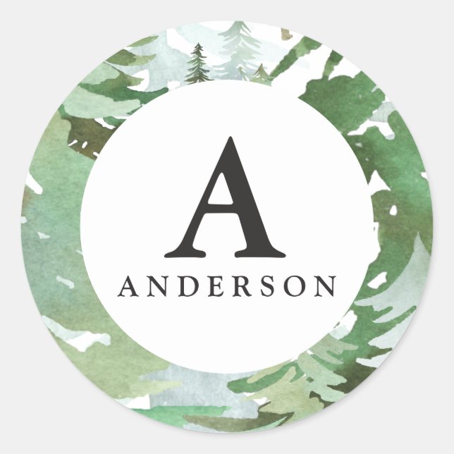 Redonda Pegatina inicial de monograma de bosque acuático (Anverso)