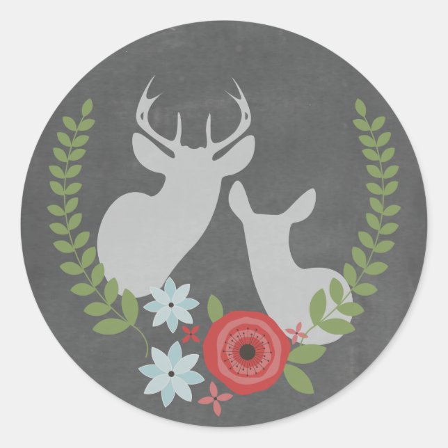 Redonda Pegatina inspirado en Floral Deer Chalkboard (Anverso)